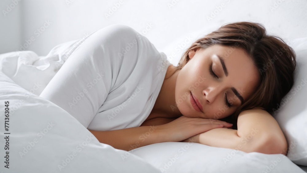 Girl sleeping in a snow-white bed hugging a pillow. Morning bedroom photo Girl sleeping in a snow-white bed hugging a pillow. Morning bedroom photo