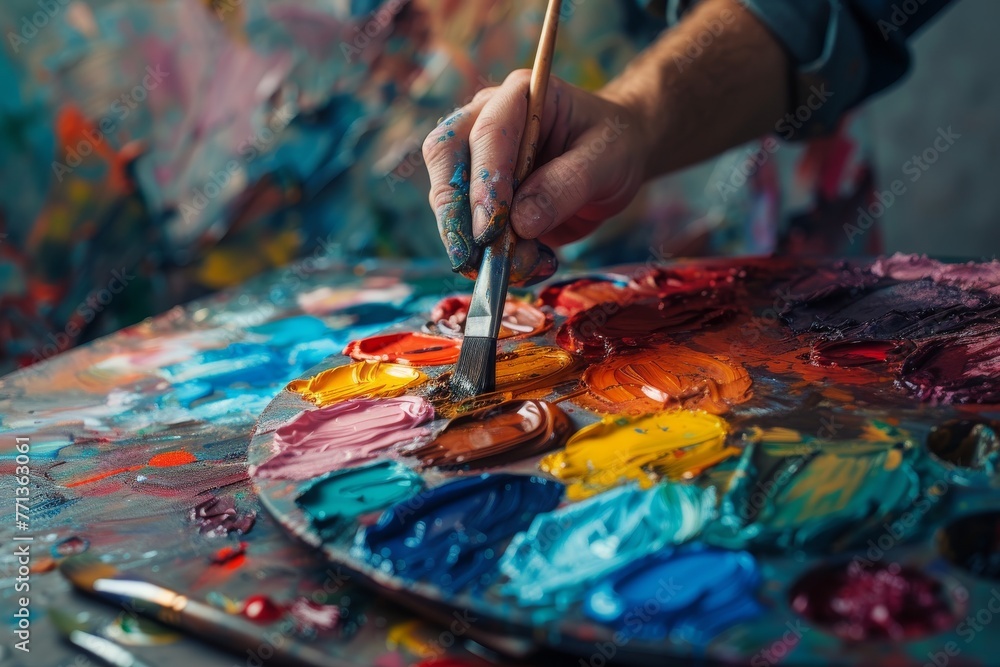 Fototapeta premium Artist mixing paints, emphasis on the texture and color blend, high-resolution, studio lighting.