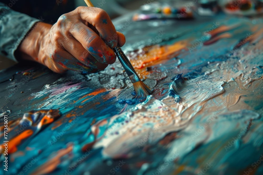 Artist mixing paints, emphasis on the texture and color blend, high-resolution, studio lighting. Artist mixing paints, emphasis on the texture and color blend, high-resolution, studio lighting.
