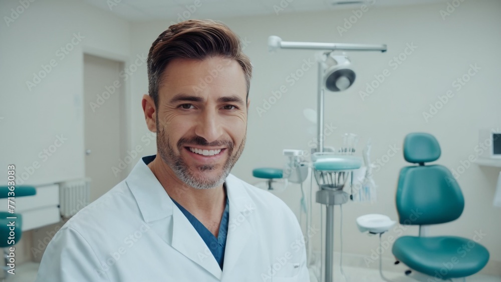 The dentist is smiling and looking into the frame. Doctor's office The dentist is smiling and looking into the frame. Doctor's office