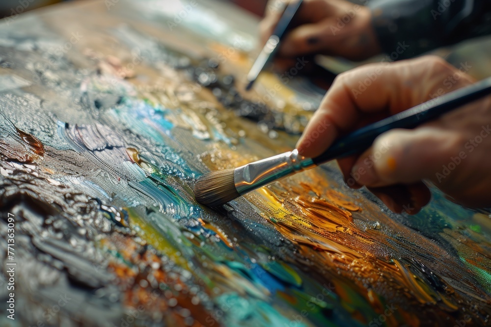 Artist mixing paints, emphasis on the texture and color blend, high-resolution, studio lighting. Artist mixing paints, emphasis on the texture and color blend, high-resolution, studio lighting.