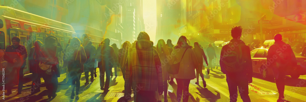 A group of people walking on a busy street, with digital manipulation, soft-focused realism, and yellow and amber colors.