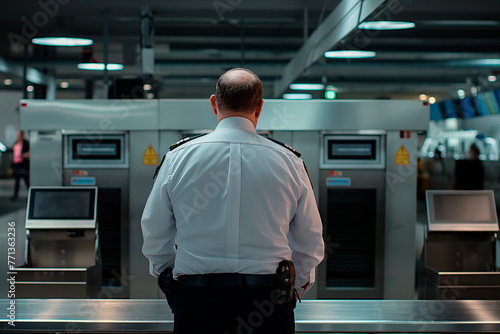 A man in uniform standing at a checkpoint counter and watching a baggage x-ray monitor photo