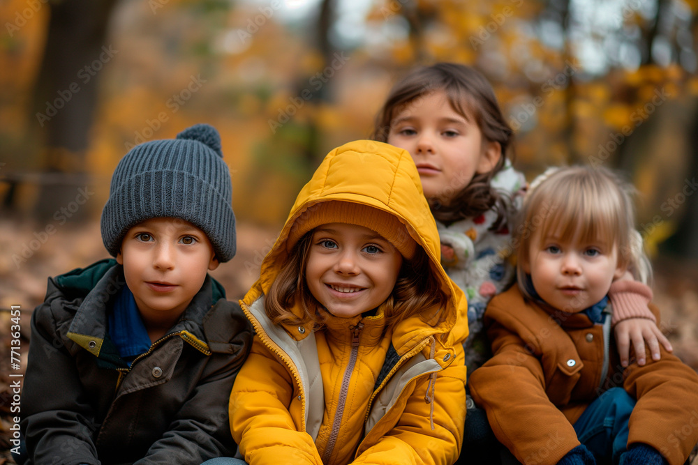Group of cute kids sitting together in forest and looking at camera Group of cute kids sitting together in forest and looking at camera