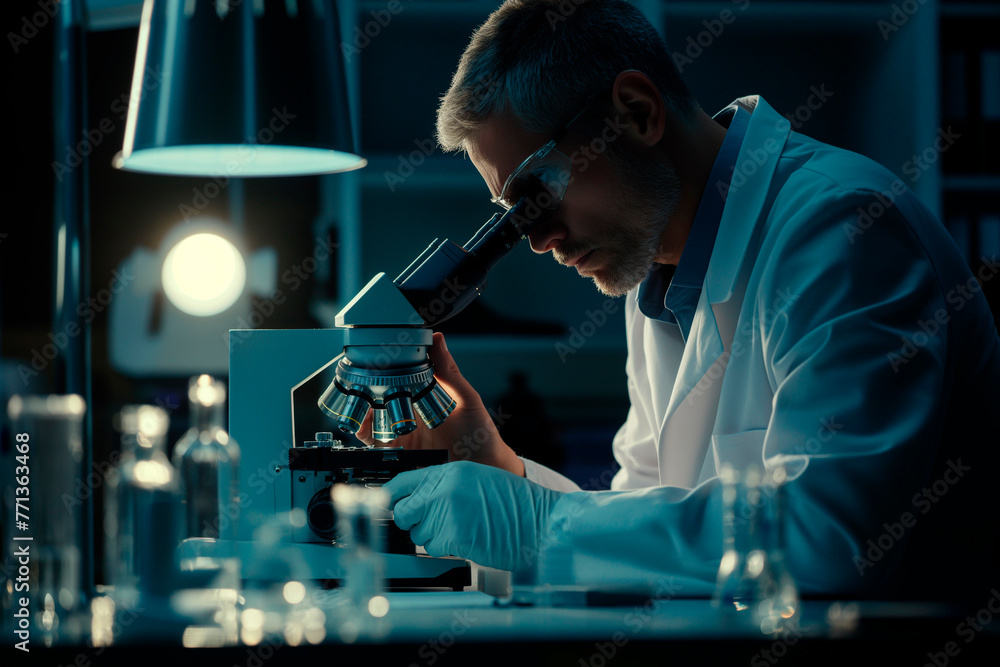 Middle aged scientist working at the laboratory examines under microscope Middle aged scientist working at the laboratory examines under microscope