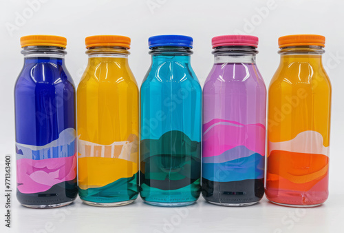 Colorful bottles with juice inside, with clear edge definition, ethical concerns, a berrypunk theme, and push processing. photo