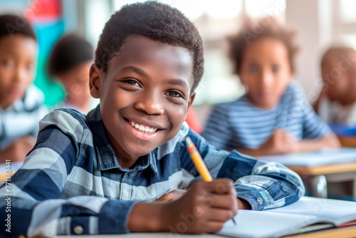 Smiling african schoolboy sitting at desk in classroom, writing in notebook, posing and looking at camera, diverse classmates studying in the background