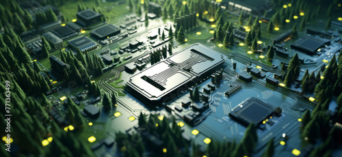 A circuit board full of green trees, with nature-inspired imagery, forestpunk elements, realistic hyper-detail, and an adventurecore theme. photo