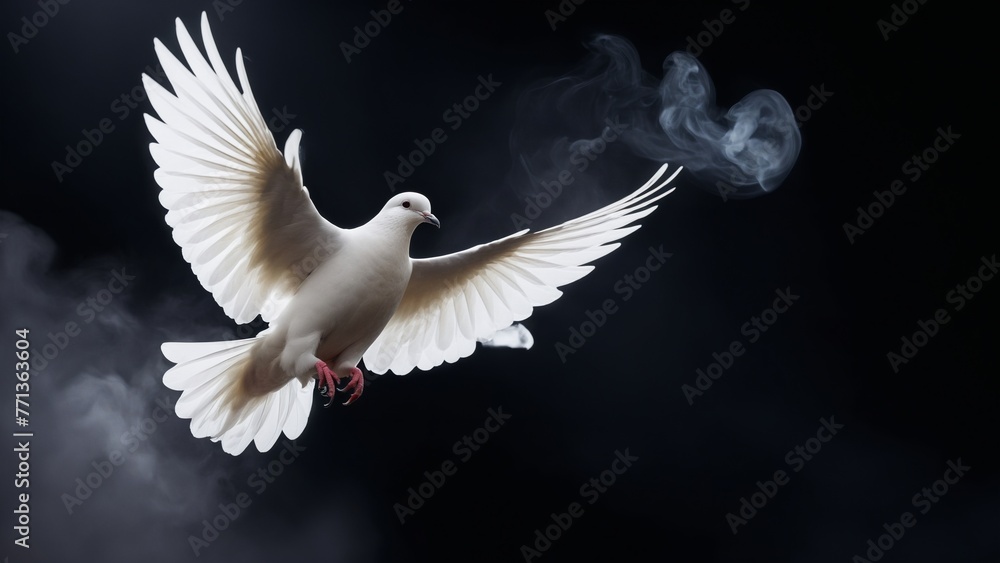 Obraz premium The flight of a dove is a symbol of freedom and peace on a dark background in smoke