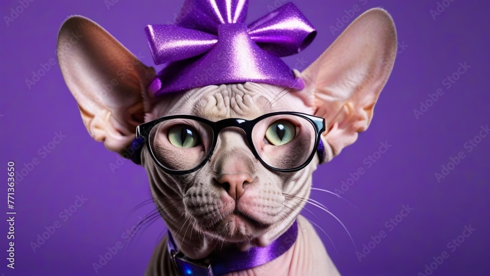 Gray cat in purple holiday hat on purple greeting card background