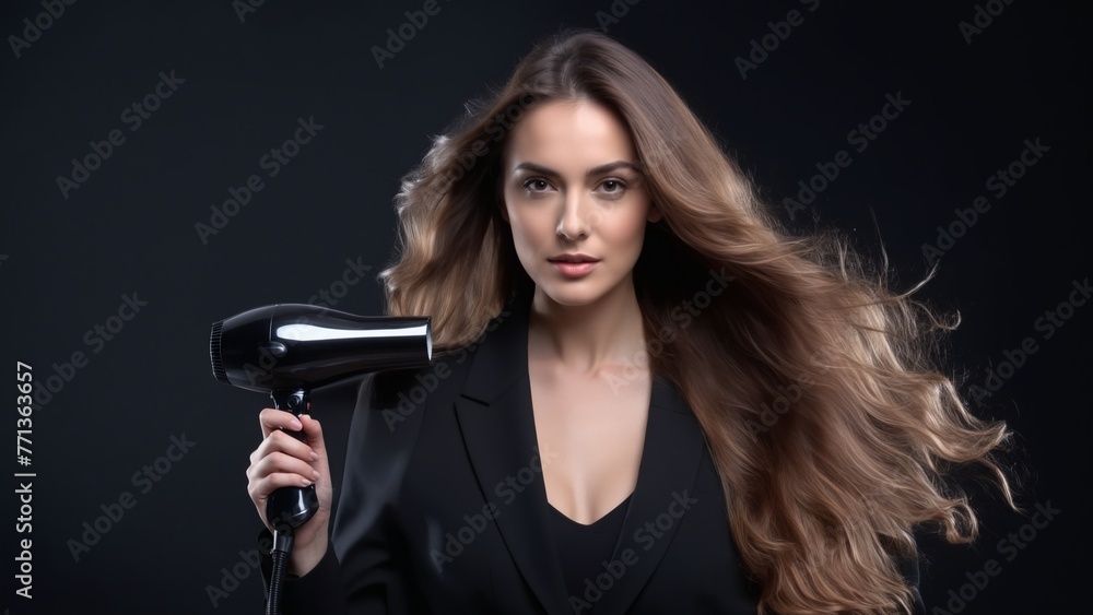 Girl with a hairdryer in her hand, beautiful silky hair Girl with a hairdryer in her hand, beautiful silky hair