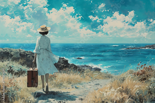 woman with suitcase on a path near the ocean in the s 668e0bd5-9d89-41a2-aa31-5a806f82c880 1 photo