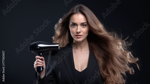 Girl with a hairdryer in her hand, beautiful silky hair