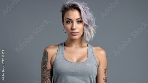 Portrait of an informal girl with a tattoo on a gray background