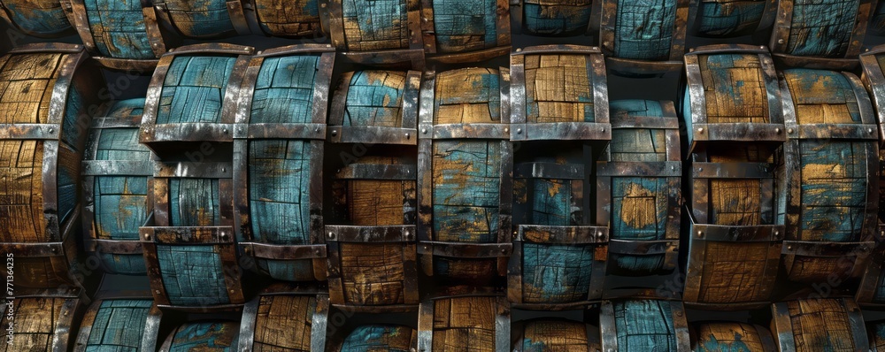 A wine barrel stacked up against another object, with a symmetrical grid, dark gold and blue colors, and a texture exploration theme. A wine barrel stacked up against another object, with a symmetrical grid, dark gold and blue colors, and a texture exploration theme.