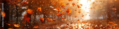 Fall leaves falling in the forest, with photorealistic rendering, a joyful celebration of nature, and orange and gold colors.