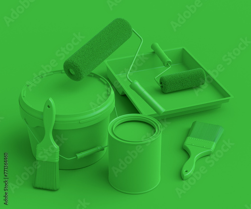Set of metal cans or buckets with paint roller and tray on monochrome background