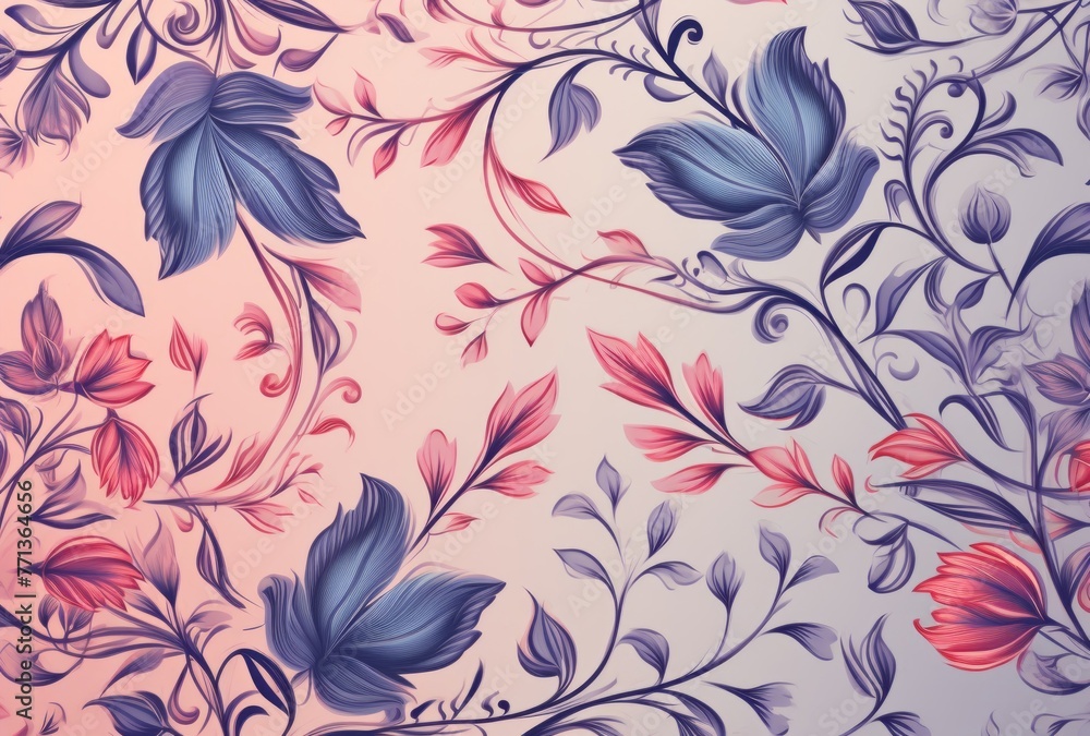 A floral pattern on a background of peach, red, and blue, with light violet color, and stenciled iconography. A floral pattern on a background of peach, red, and blue, with light violet color, and stenciled iconography.