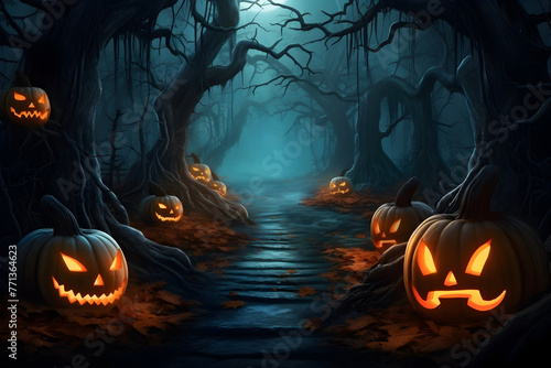 Glowing Jack-o'-lanterns and mystical creatures in eerie, moonlit forest. Halloween background