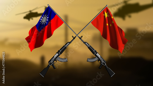 China versus Taiwan, two crossed rifles with the flags of the two countries, against a blurred background of a war zone