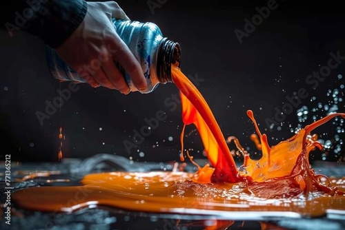 Artist pouring paint from a jerrycan, focus on the dynamic flow and contrast, studio lighting © Nattadesh