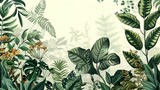 Botanical wallpaper design adorned with lush foliage and intricate botanical illustrations.