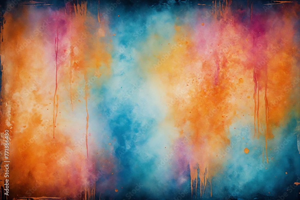 Blue watercolor paint background design with colorful orange pink borders and bright center, watercolor bleed and fringe with vibrant distressed grunge texture