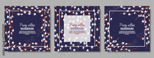 V41_0224Set of spring background with pussy willow branches. Postcard, banner for Easter. Spring time. Frame for decoration and design of invitations, flyers, etc.
