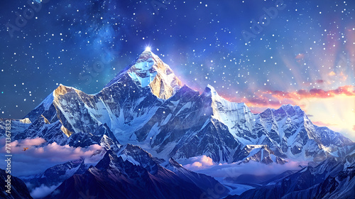 A snow covered mountain peak shines brightly under a starry sky
