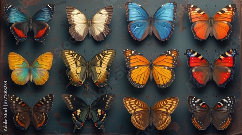 various beautiful butterflies close up