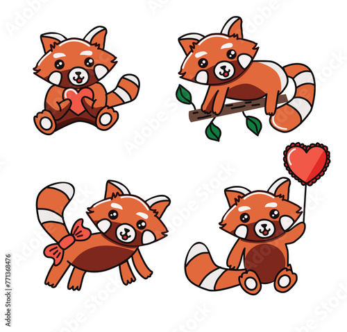 Red panda doodle illustration. Sticker set
