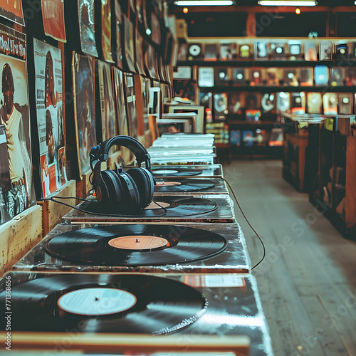 A vintage record store interior with rows of vinyl records, a listening station with headphones, and posters of iconic musicians isolated on white background, professional photography, png  © Никита Жуковец
