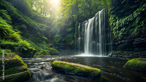 A waterfall surrounded by greenery, with moss-covered rocks and trees