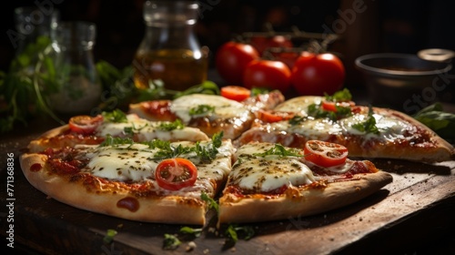 A delicious pizza with melted cheese, cherry tomatoes and basil