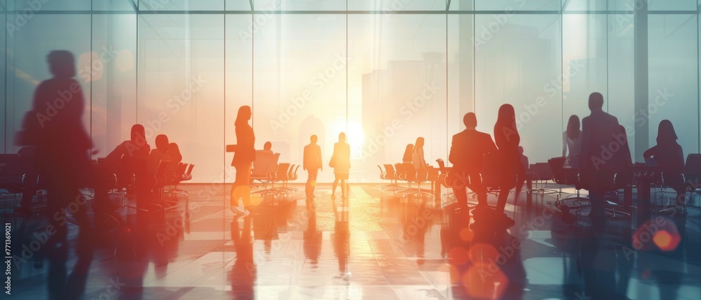 Obraz premium Group of people having a meeting in an office, The background is a white and blurred image of the office interior, Businesspeople are working in the office with a blurred background, Business concept