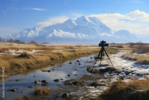 photographer sets up tripod near river with snowcapped mountain in distance photo