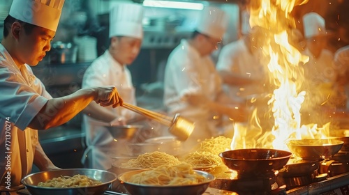 A team of chefs in a bustli...
