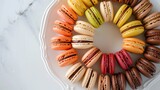 Colorful macarons arranged in a perfect circle on a pristine white platter, tempting and inviting.