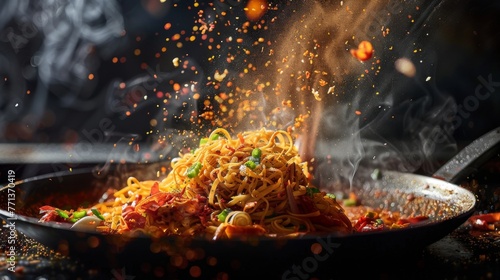 A fiery explosion of spices and pasta captures a vibrant stir-fry in action  with steam and ingredients dancing in the air above a hot pan.