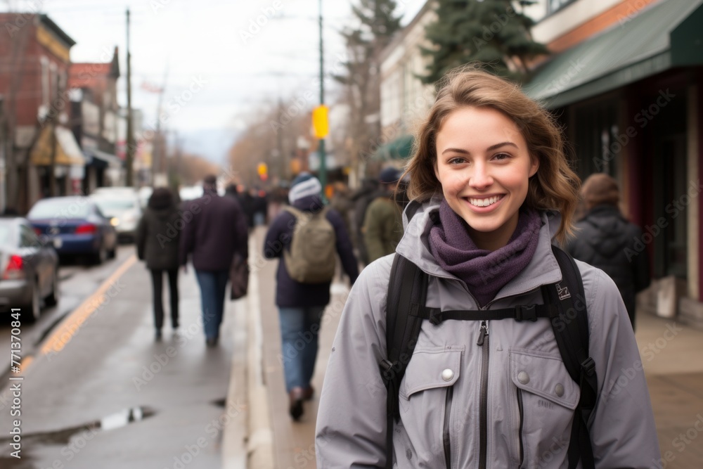 portrait of a young woman smiling with blurred background of a busy urban street with people walking