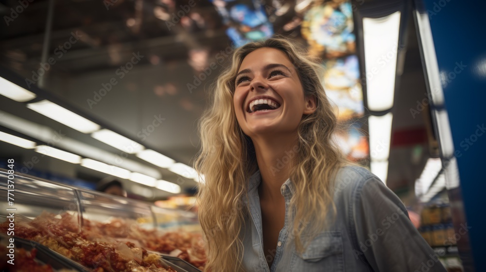 Portrait of a laughing young woman with long blond hair in a supermarket
