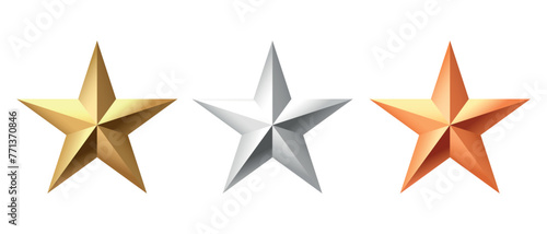 Golden, bronze, silver glossy metallic stars 3d realistic style. Leadership, game award, customer feedback symbol vector illustration isolated on white background