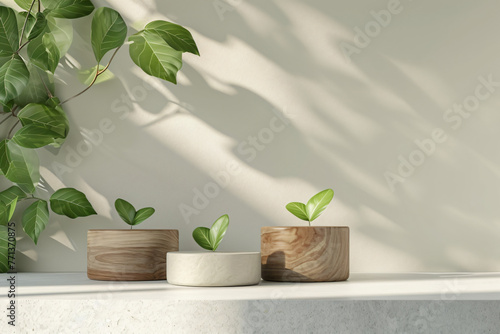wooden boxes with green leaves on white ledge 3d render 5bfd57e7-ae0f-42ed-8b8a-e4c018514960 photo