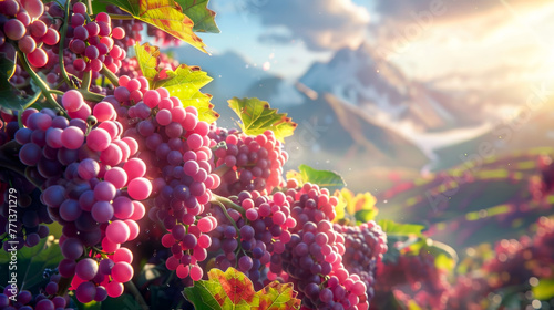 Grapes fruits in sunlight and wine grape farm, vineyard mountain background.