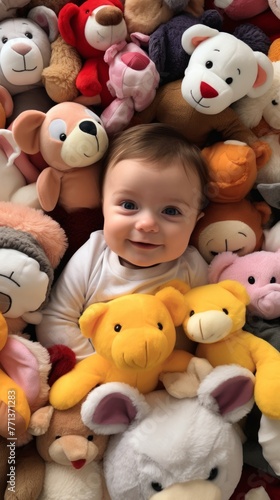 Baby girl surrounded by stuffed animals
