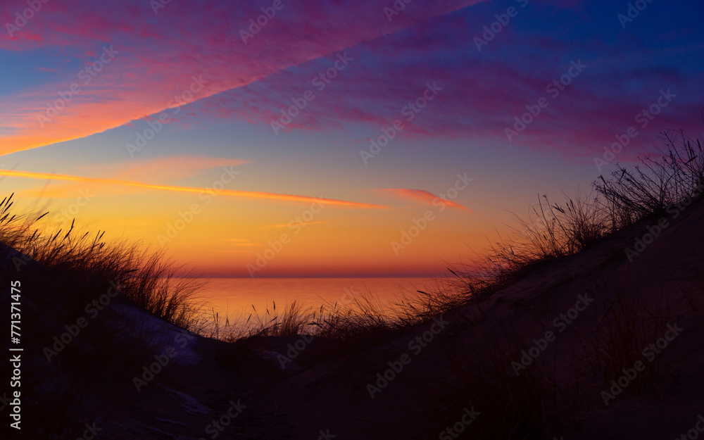 A beautiful early spring landscape of Baltic Sea beach with grass silhouettes against the colorful sky. Natural scenery of Northern Europe.