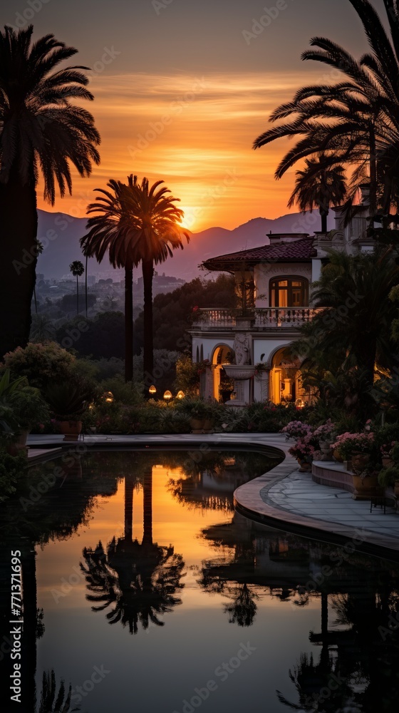 Palm trees and a mansion at sunset