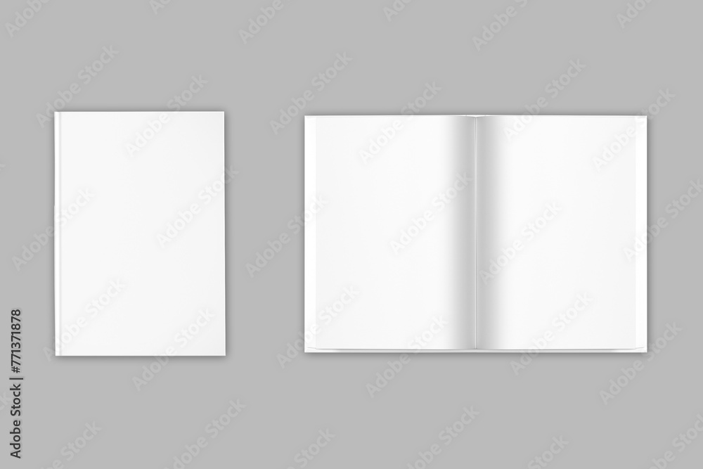 Set of blank book cover template. Isolated on a grey background. Open and closed book mockup, 3d rendering. Set of blank book cover template. Isolated on a grey background. Open and closed book mockup, 3d rendering.