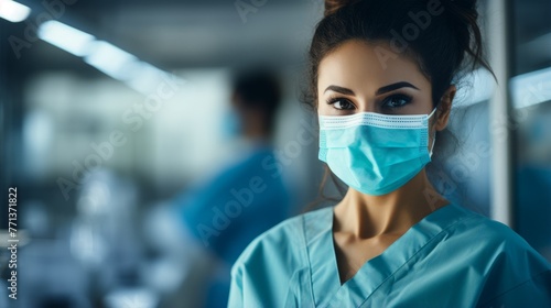Portrait of a Confident Female Doctor or Nurse Wearing a Scrubs and a Mask