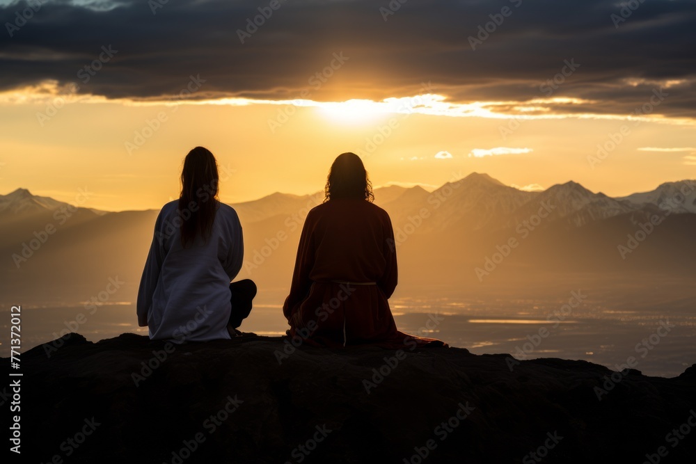 Two People Meditating on a Mountaintop at Sunset